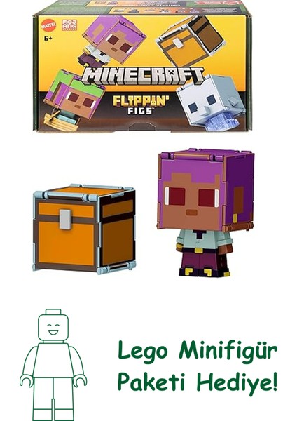 Mattel Minecraft Dönüşen Figürler 2'li Paket, Dinamik Oyun Için 2'si 1 Arada, 9 Cm, Büyük Kafalı 2 Aksiyon Figürü, Efe/sailboat ve Dolphin/treasure Chest, JCY31