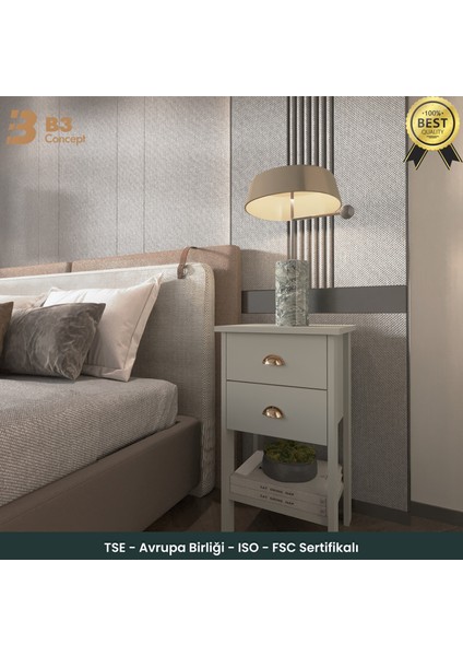Retro Serisi Özel Tasarım Yatak Yanı - Kolay Kurulum - Çift Çekmeceli Komodin Açık Gri