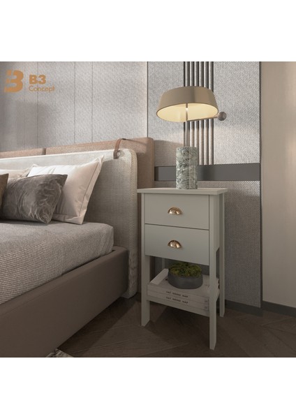 Retro Serisi Özel Tasarım Yatak Yanı - Kolay Kurulum - Çift Çekmeceli Komodin Açık Gri fırsatları