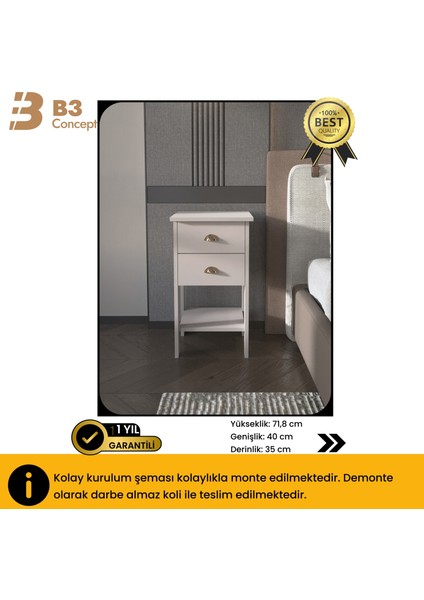 Retro Serisi Özel Tasarım Yatak Yanı - Kolay Kurulum - Çift Çekmeceli Komodin Açık Gri indirimleri