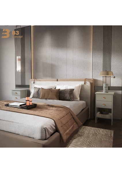 Retro Serisi Özel Tasarım Yatak Yanı - Kolay Kurulum - Çift Çekmeceli Komodin Açık Gri