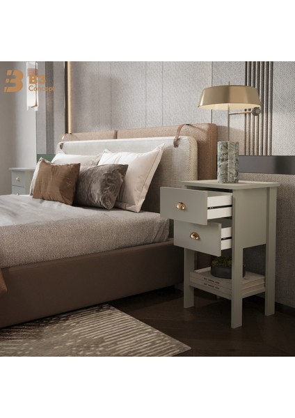 Retro Serisi Özel Tasarım Yatak Yanı - Kolay Kurulum - Çift Çekmeceli Komodin Açık Gri