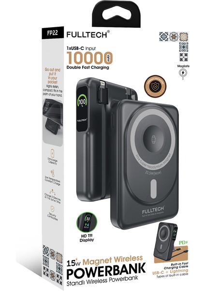 FP22 10.000MAH 15W Magsafe Standlı Wireless Powerbank | Hızlı Şarj, Çift Çıkış, Dahili Kablo