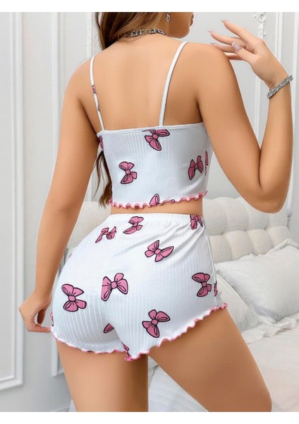 Pamuklu Beyaz Üstüne Pembe Kurdela Desenli Fitilli Askılı Şortlu Pijama Takımı modelleri