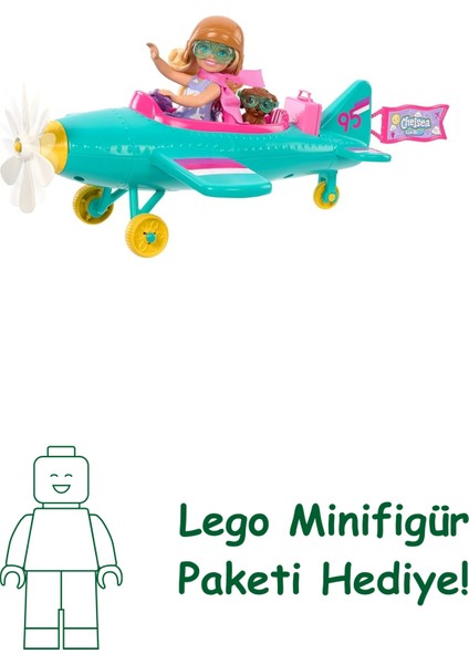 Barbie Chelsea Meslekleri Öğreniyor Bebek ve Uçak Oyun Seti, Papatya Şeklinde Pervaneye Sahip Iki Koltuklu Uçak, Yavru Köpek ve Çıkartmalarla Birlikte 7 Aksesuar, HTK38