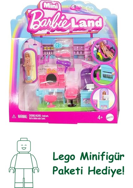 Barbie Mini Barbieland Koleksiyona Uygun Oyun Seti, 4 Cm'lik Bebek, Aynalı Kuaför Tezgahı, Şampuan Bölümü ve Hikaye Anlatımına Yönelik Karşılama Masası ile Kuaför Salonu, JCR32