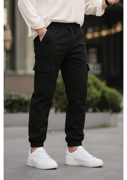 Erkek Lastikli Kargo Cepli Siyah Jogger Pantolon