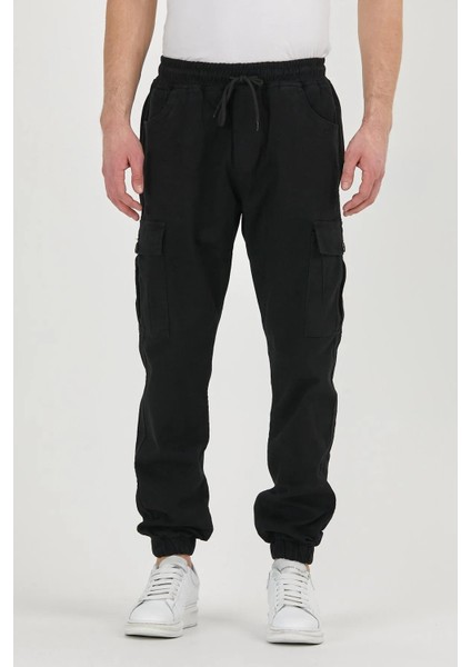 Erkek Lastikli Kargo Cepli Siyah Jogger Pantolon