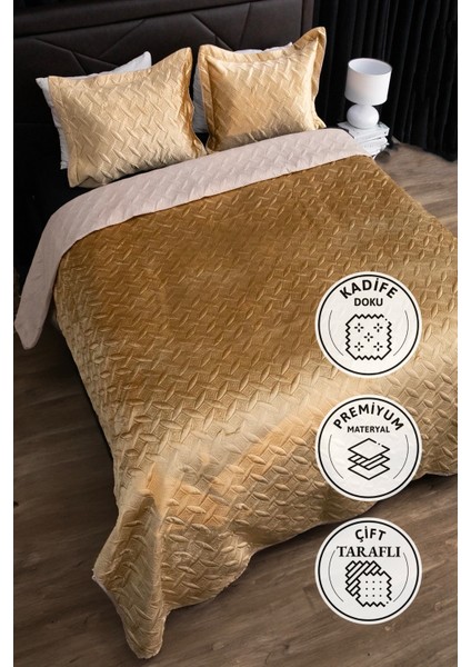 Queen Kadife Çift Kişilik Yatak Örtüsü - Gold