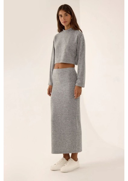 Kadın Düşük Bel Örme Bodycon Maxi Etek Grey