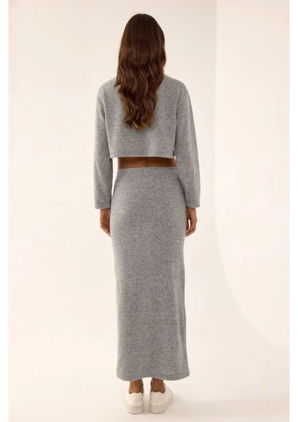 Kadın Düşük Bel Örme Bodycon Maxi Etek Grey