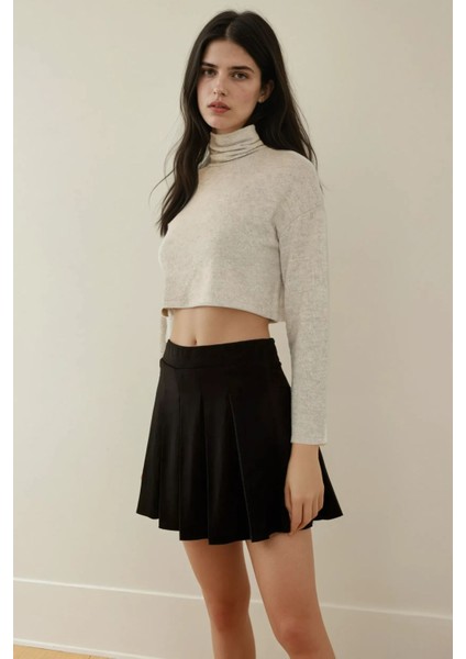 Kadın İçi Şortlu Pileli Mini Dokuma Etek Siyah indirimleri