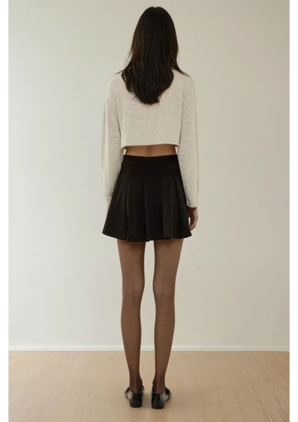 Kadın İçi Şortlu Pileli Mini Dokuma Etek Siyah