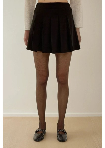 Kadın İçi Şortlu Pileli Mini Dokuma Etek Siyah