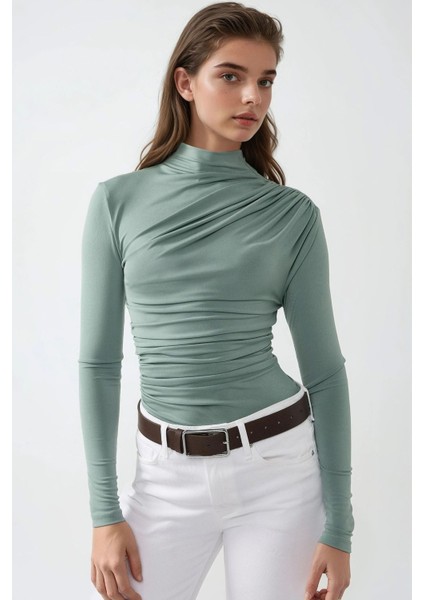 Kadın Dik Yaka Büzgü Detaylı Sandy Bluz Green