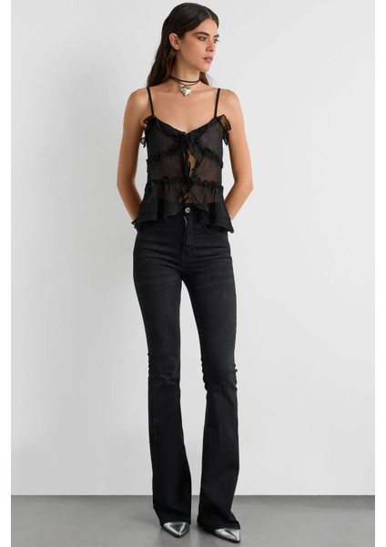 Kadın Fırfır Detaylı Önü Bağcıklı Tül Bluz Black