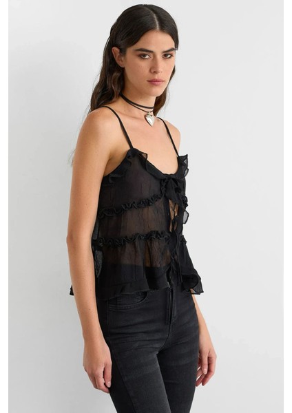 Kadın Fırfır Detaylı Önü Bağcıklı Tül Bluz Black