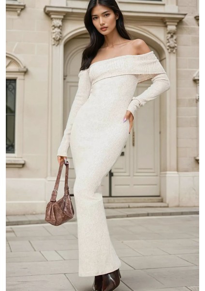 Kadın Omzu Açık Bodycon Ribana Maxi Elbise Natural indirimleri