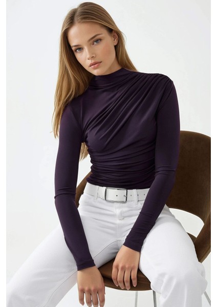 Kadın Dik Yaka Büzgü Detaylı Sandy Bluz Purple
