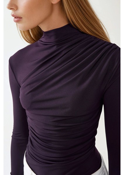 Kadın Dik Yaka Büzgü Detaylı Sandy Bluz Purple
