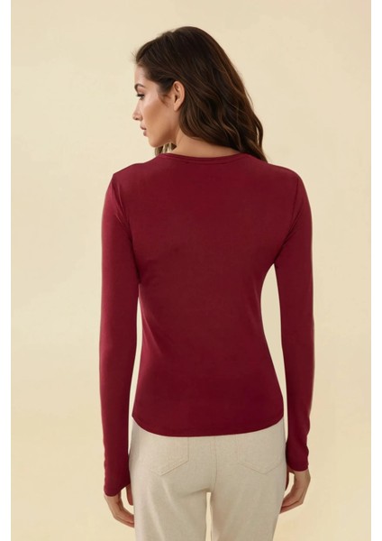 Kadın Bisiklet Yaka Basic Uzun Kollu Body Red