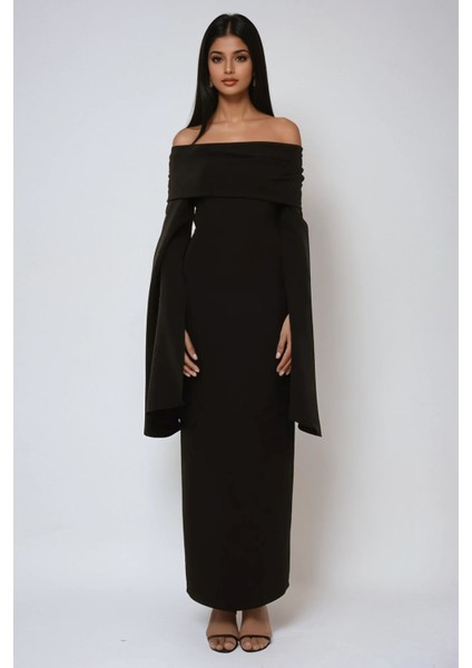 Kadın Özel Dikim Yırtmaçlı Omzu Açık Bodycone Maxi Elbise Black