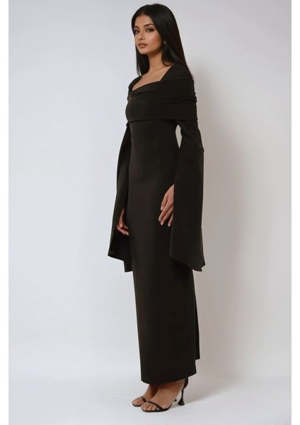 Kadın Özel Dikim Yırtmaçlı Omzu Açık Bodycone Maxi Elbise Black