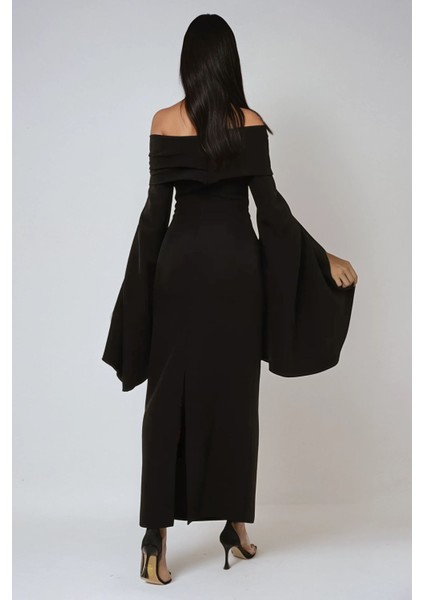 Kadın Özel Dikim Yırtmaçlı Omzu Açık Bodycone Maxi Elbise Black