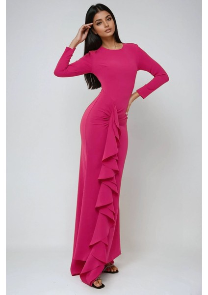 Kadın Özel Dikim Volanlı Maxi Elbise Neon Pembe