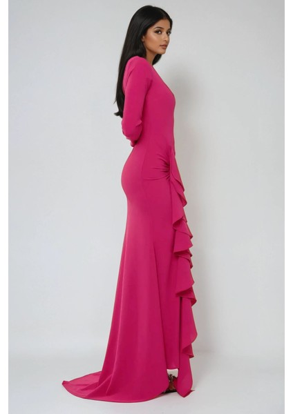 Kadın Özel Dikim Volanlı Maxi Elbise Neon Pembe