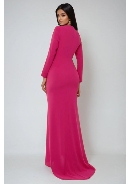 Kadın Özel Dikim Volanlı Maxi Elbise Neon Pembe
