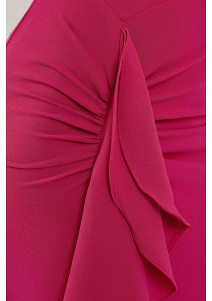 Kadın Özel Dikim Volanlı Maxi Elbise Neon Pembe