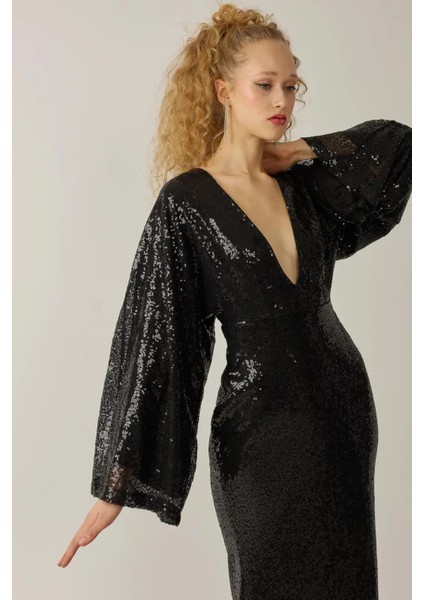 Kadın Payetli Derin V Yaka Maxi Elbise Black
