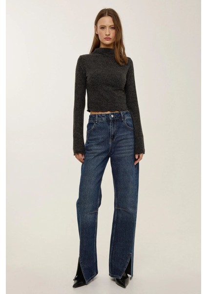 Kadın Yarım Yüksek Yaka Bluz Grey