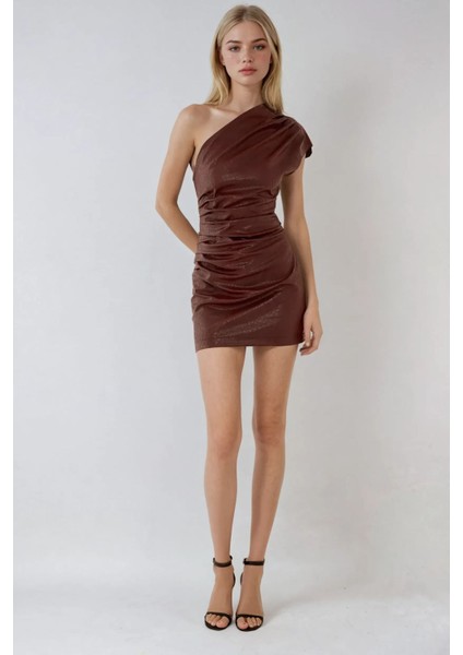 Kadın Tek Kollu Timsah Desenli Suni Deri Mini Elbise Red