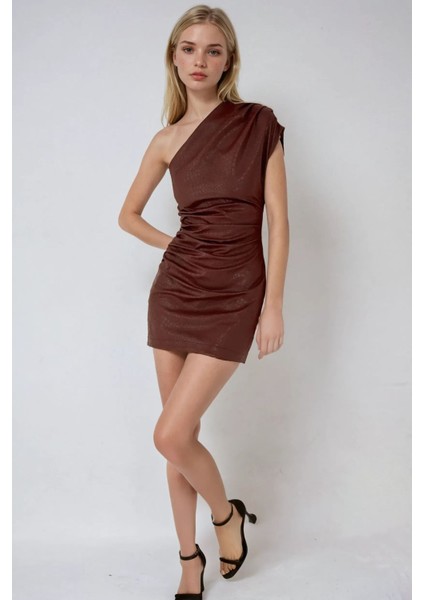 Kadın Tek Kollu Timsah Desenli Suni Deri Mini Elbise Red