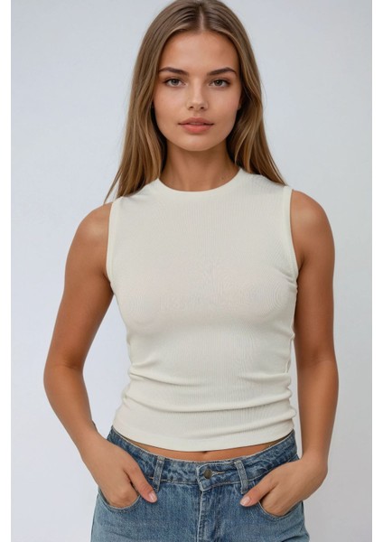 Kadın Vücuda Oturan Bisiklet Yaka Örme Bluz White