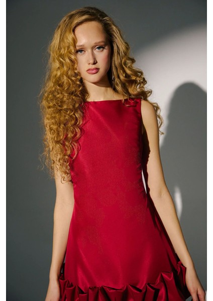 Kadın Balon Etek Sırtı Açık Bodycon Mini Elbise Tuğla Kırmızısı