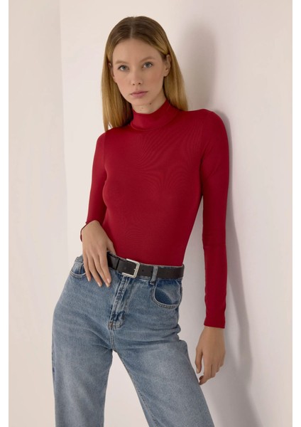 Kadın Basic Uzun Kollu Bodysuit Red