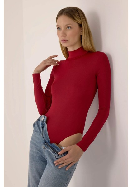 Kadın Basic Uzun Kollu Bodysuit Red