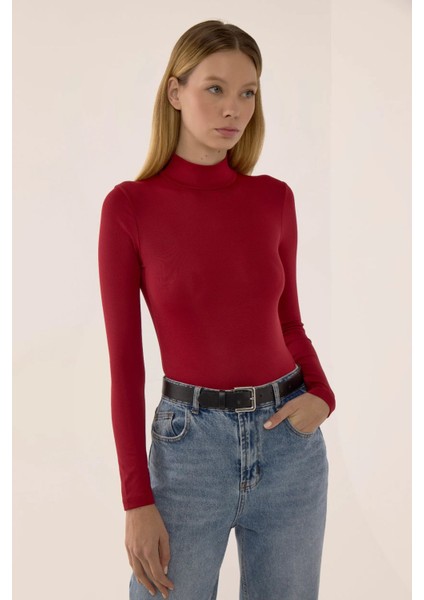 Kadın Basic Uzun Kollu Bodysuit Red
