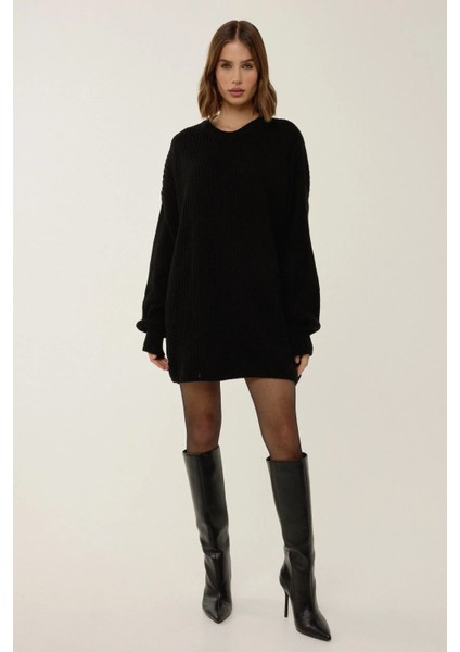 Kadın Relaxed Fit Bisiklet Yaka Mini Triko Elbise Black