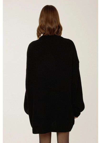 Kadın Relaxed Fit Bisiklet Yaka Mini Triko Elbise Black