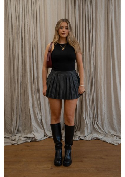 Kadın Parker Çizgili Şort Etek Grey