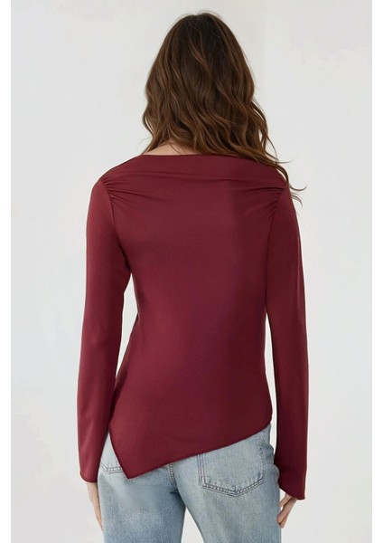 Kadın Kayık Yaka Drapeli Asimetrik Örme Bluz Red