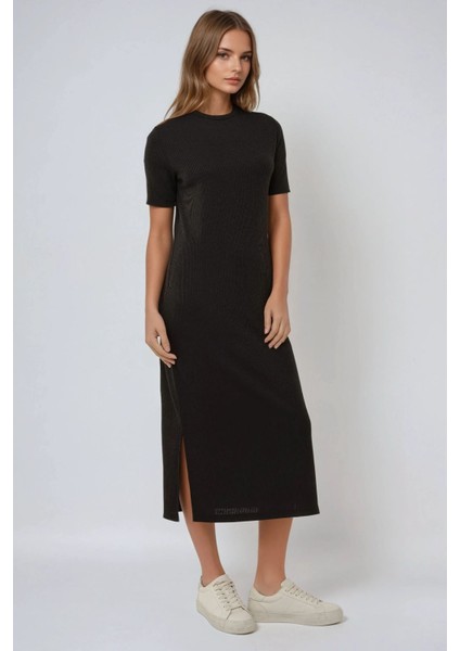 Kadın Rahat Kalıp Bisiklet Yaka Maxi Elbise Black