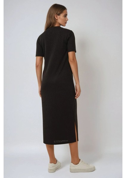 Kadın Rahat Kalıp Bisiklet Yaka Maxi Elbise Black