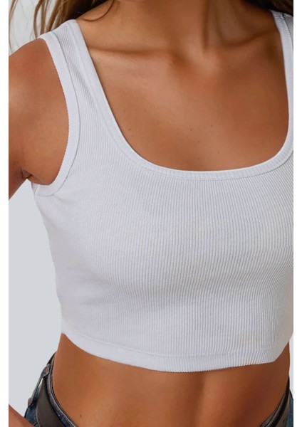 Kadın Basic Bisiklet Yaka Crop Üst White