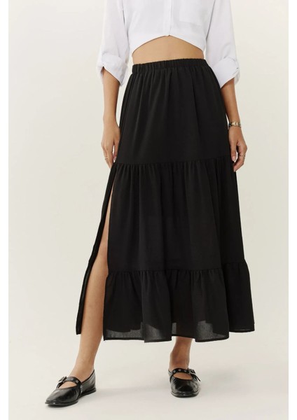 Kadın Yüksek Bel Yırtmaçlı Maxi Etek Black