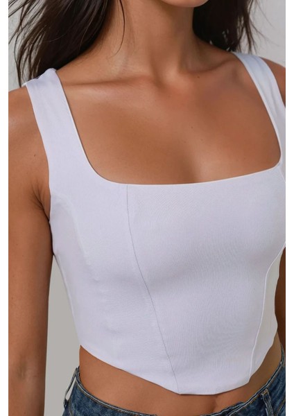 Kadın Kare Yaka Dikiş Detaylı Crop Örme Üst Beyaz